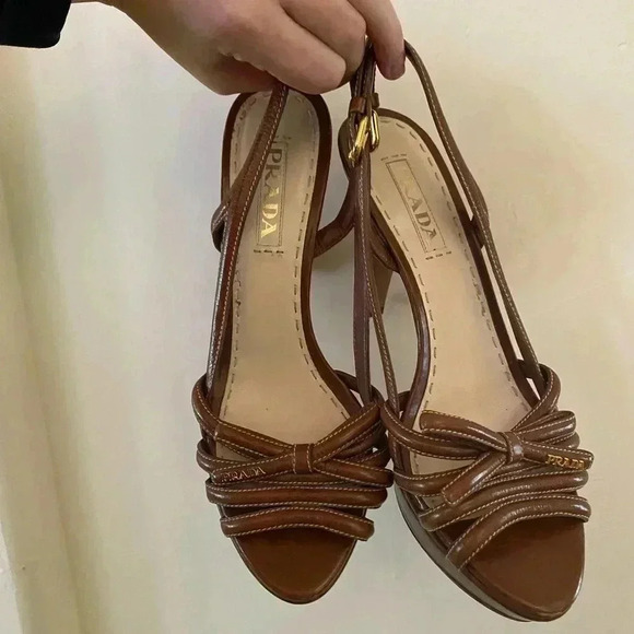 PRADA BROWN LEATHER BOW SLINGBACK VINTAGE RARE STRAPPY HEELS - Picture 5 of 9